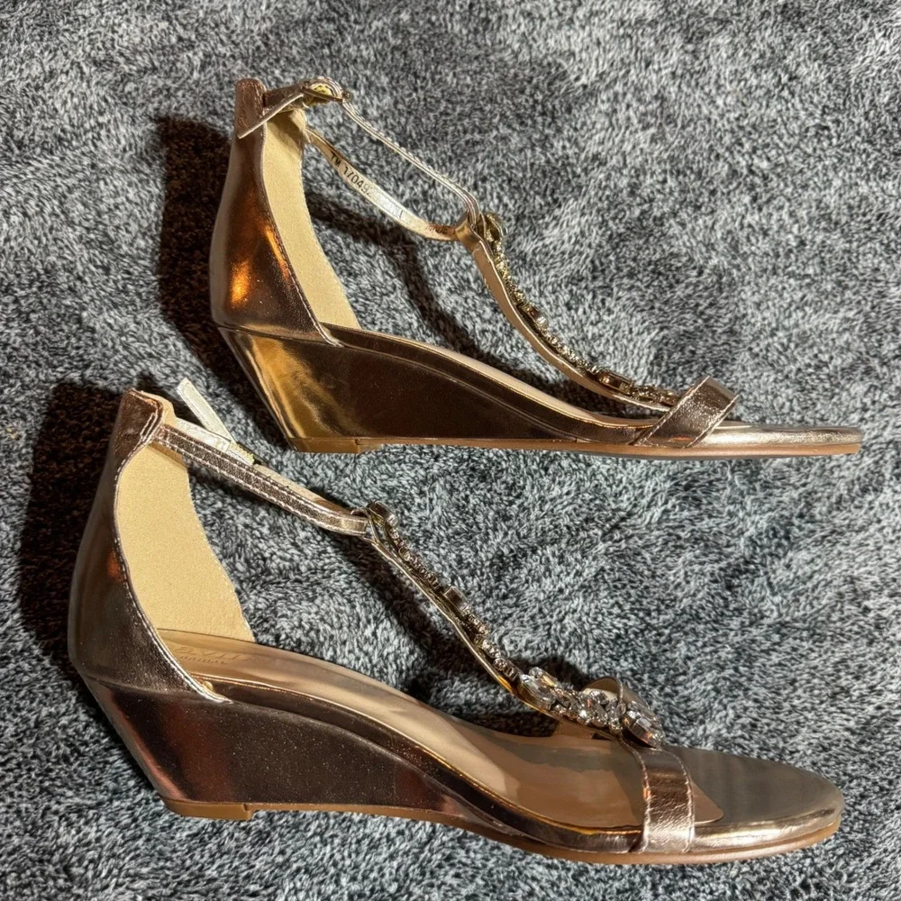 David's Bridal Mina Champagne Rhinestone Wedge Sandals Size 7M